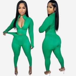 Kelly-Green Ribbed Two-Piece Set – Size Large (NWOT)